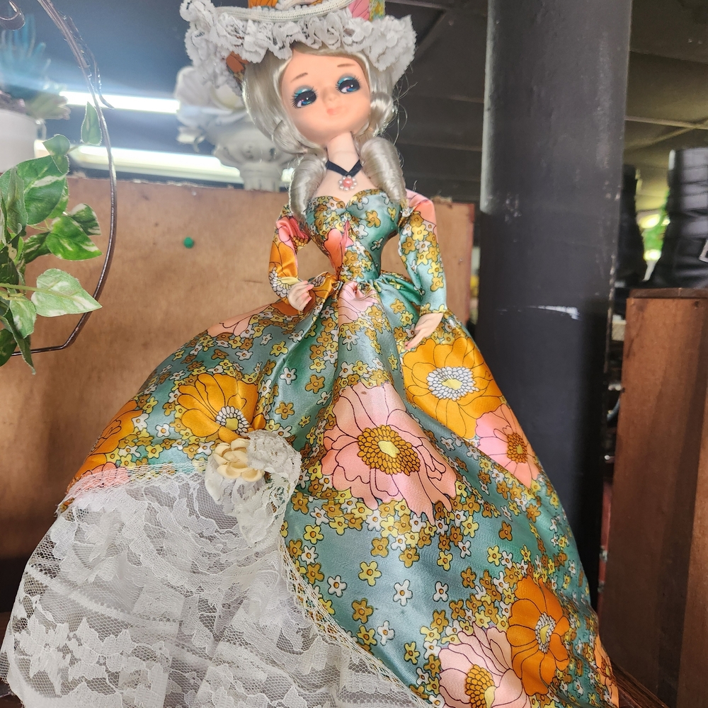 Big Eyed Bradley Floral Vintage Doll with Lace Dress